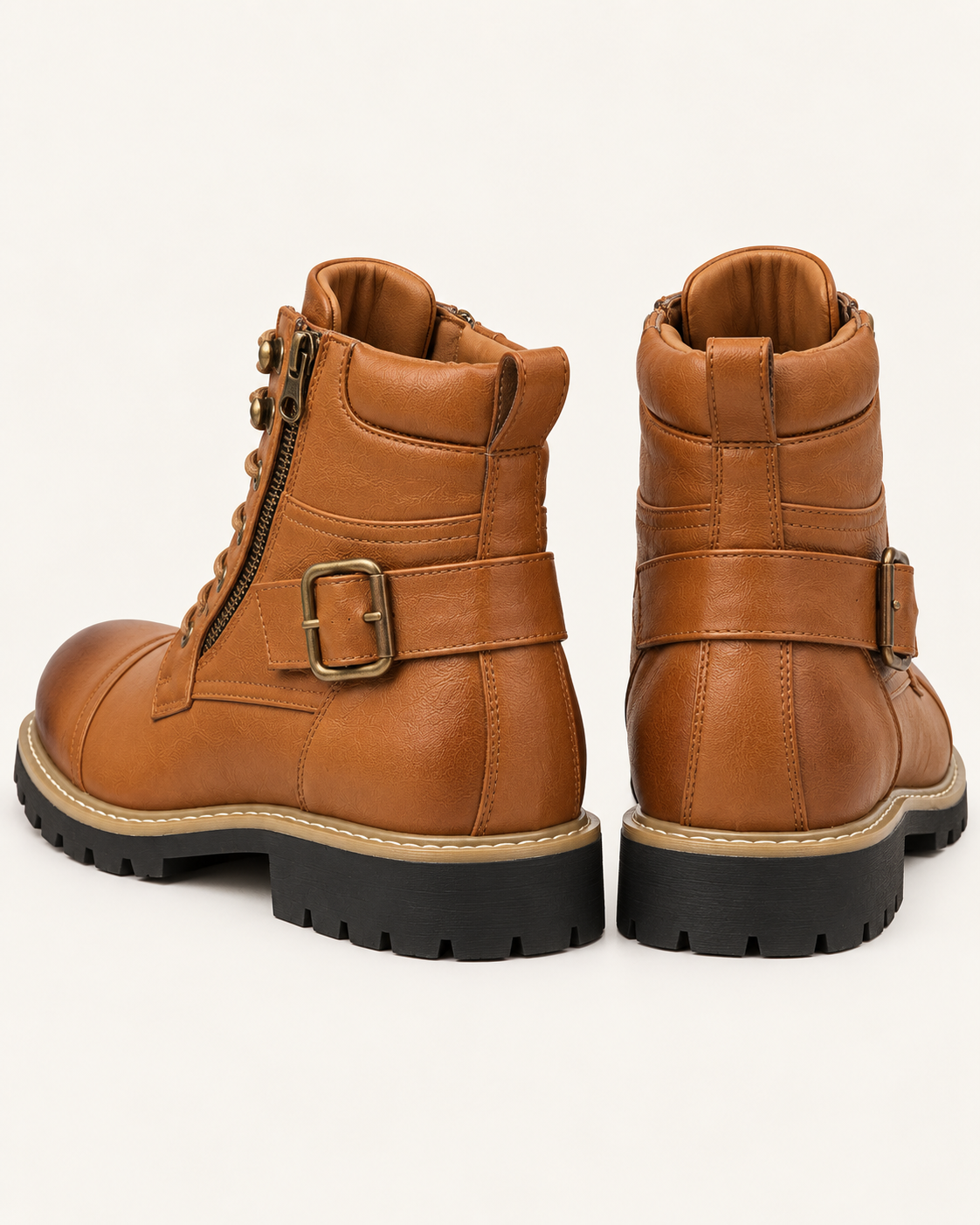Men's Biker Combat Boots with Buckle Strap and Side Zip