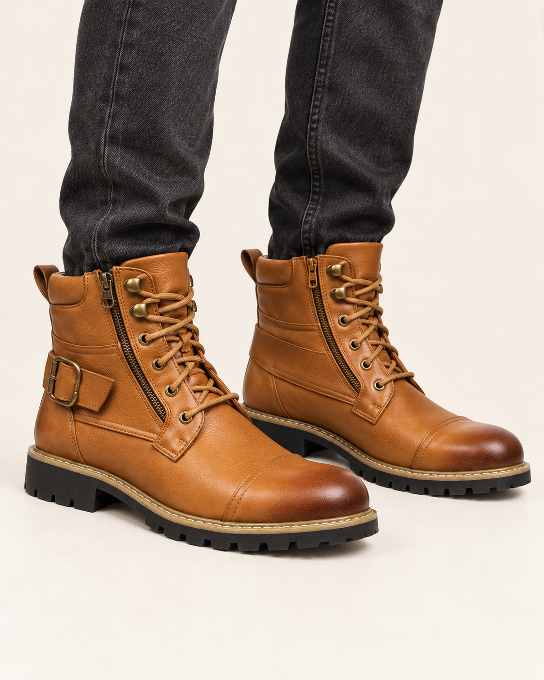 Men's Biker Combat Boots with Buckle Strap and Side Zip