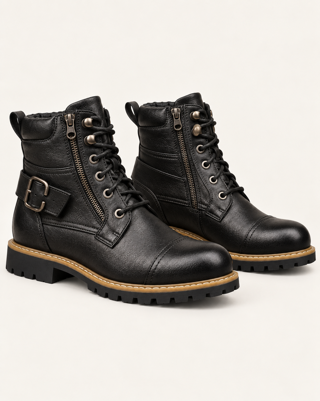 Men's Biker Combat Boots with Buckle Strap and Side Zip in Black