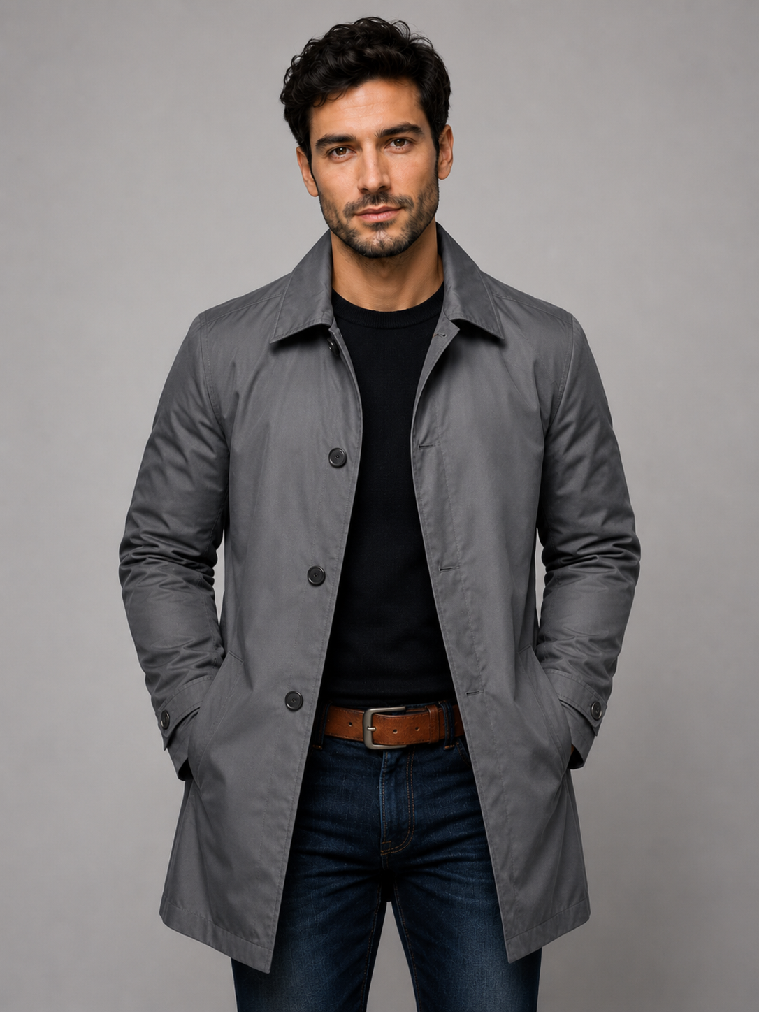 Men's Button-Front Coat Point Collar Classic Fit Stylish Layering Outerwear