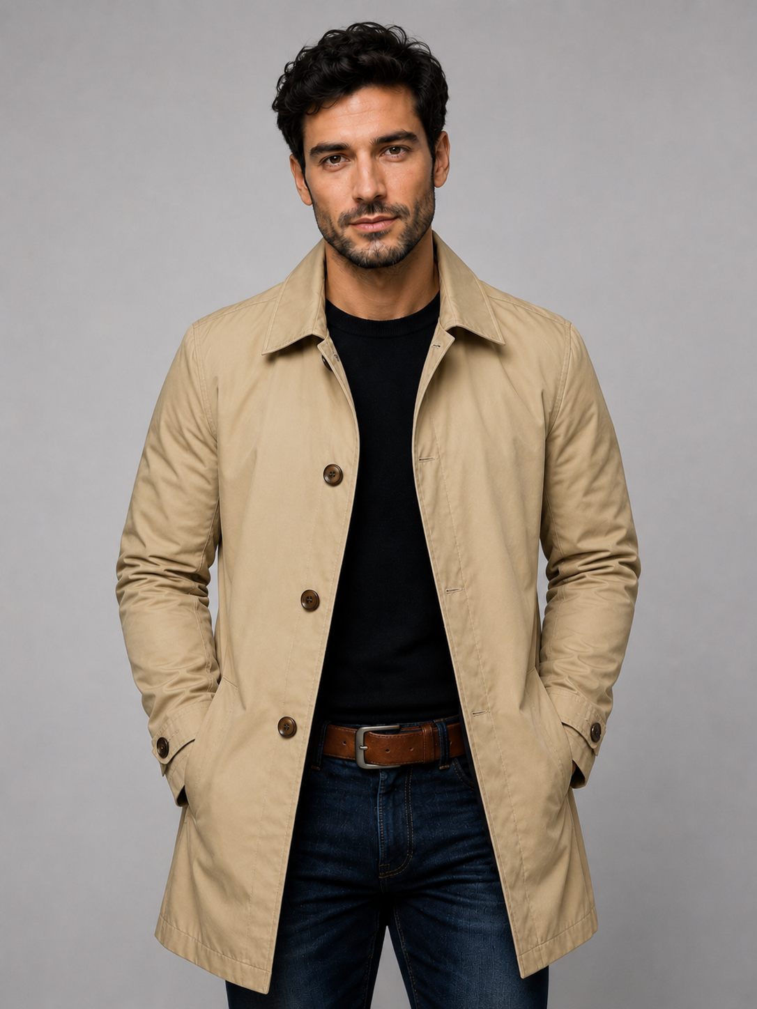 Men's Button-Front Coat Point Collar Classic Fit Stylish Layering Outerwear