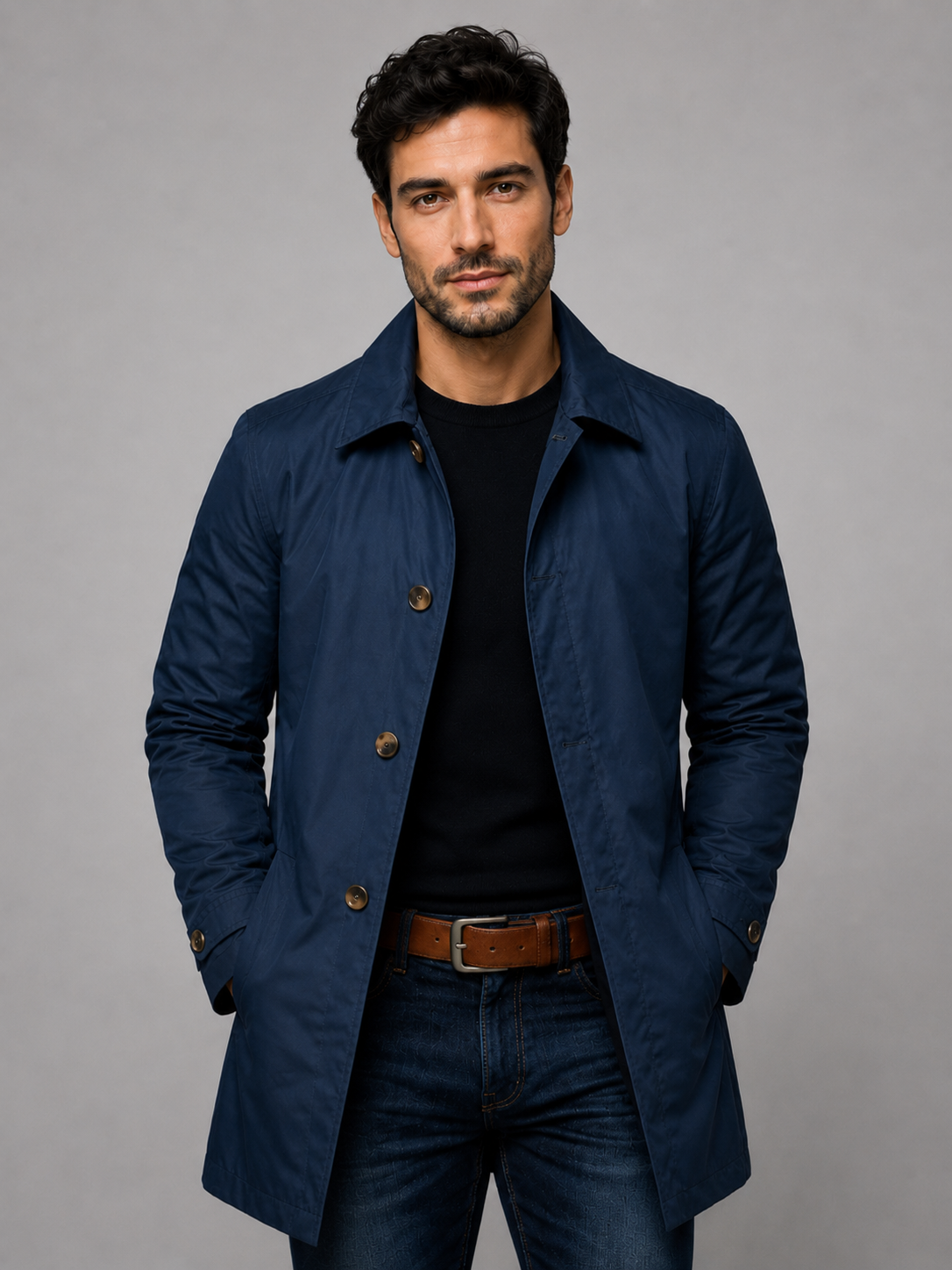 Men's Button-Front Coat Point Collar Classic Fit Stylish Layering Outerwear