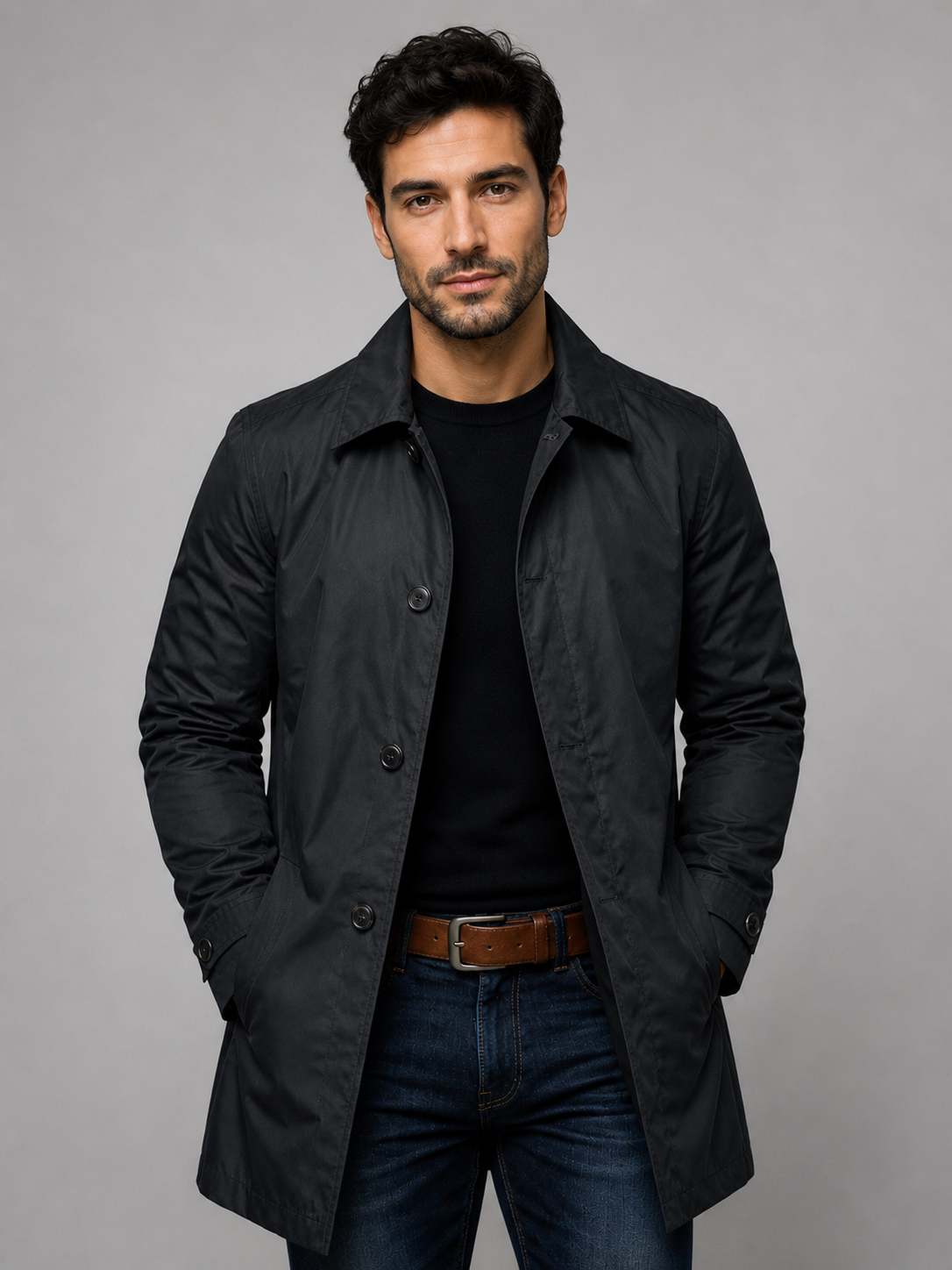 Men's Button-Front Coat Point Collar Classic Fit Stylish Layering Outerwear