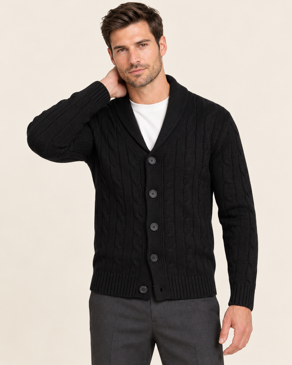 Men's Cable Knit Cardigan with Shawl Collar and All Over Cables
