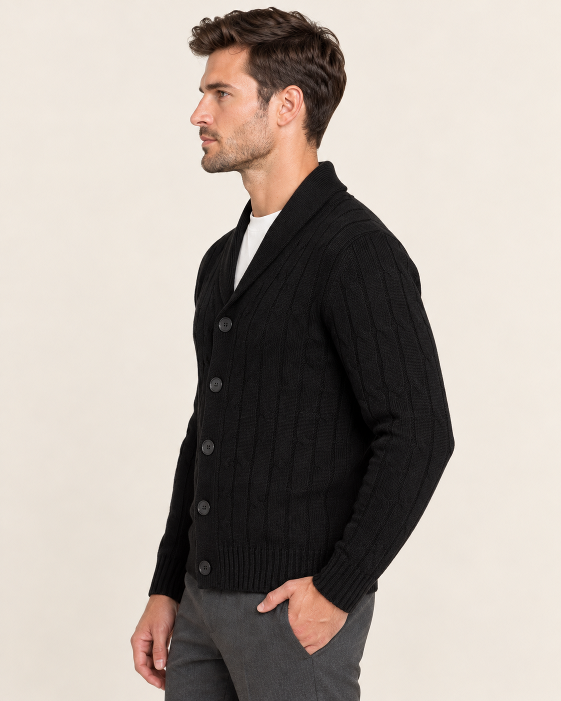 Men's Cable Knit Cardigan with Shawl Collar and All Over Cables