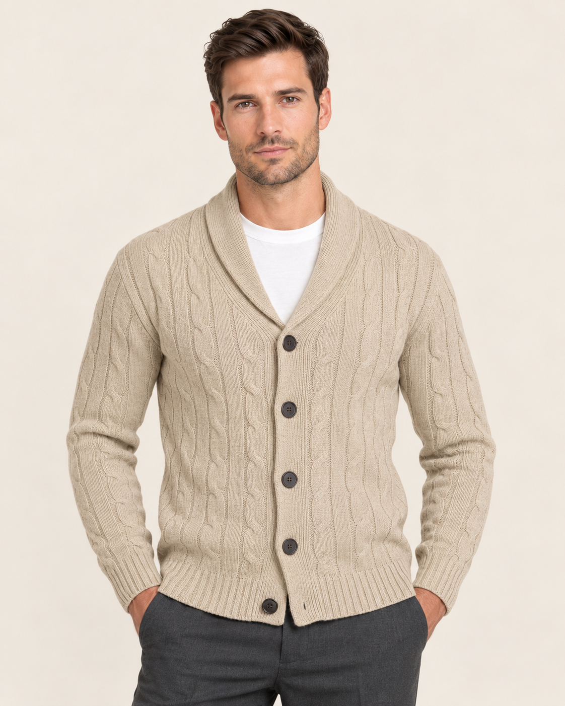 Men's Cable Knit Cardigan with Shawl Collar and All Over Cables