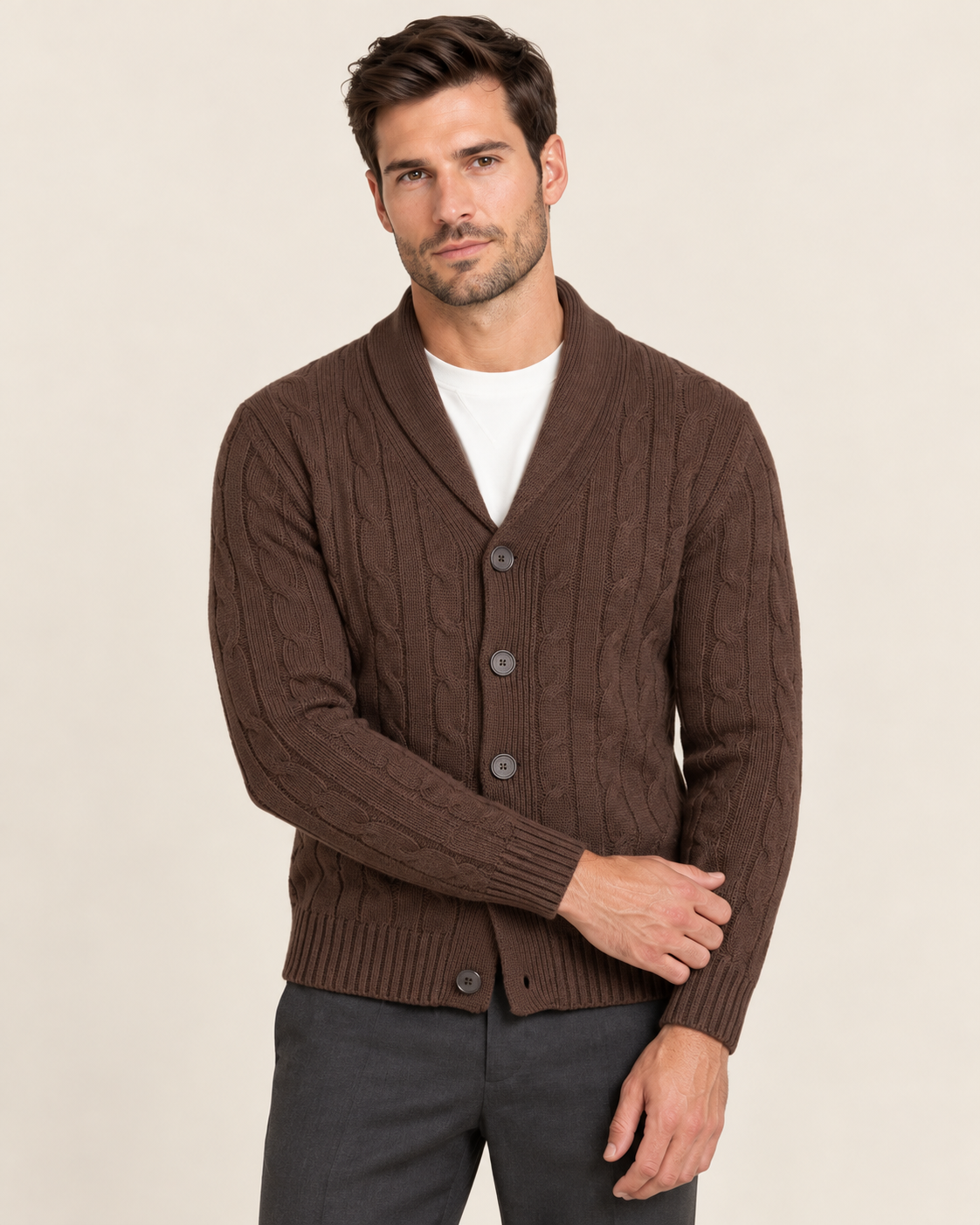 Men's Cable Knit Cardigan with Shawl Collar and All Over Cables