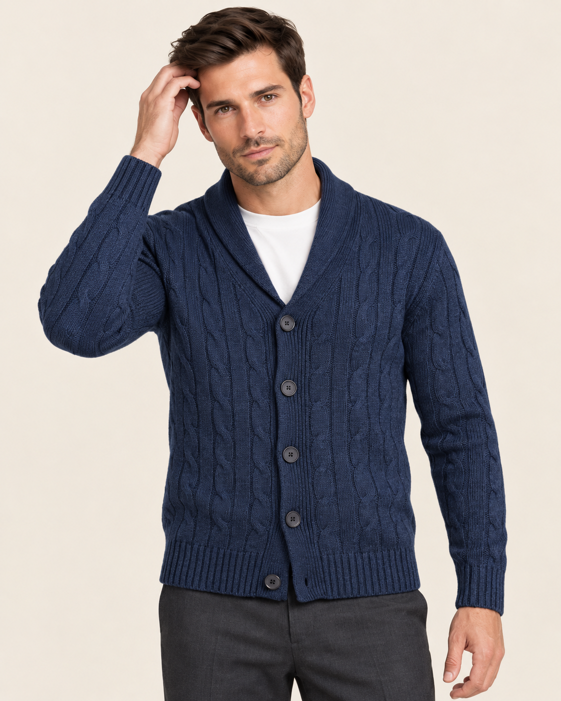 Men's Cable Knit Cardigan with Shawl Collar and All Over Cables