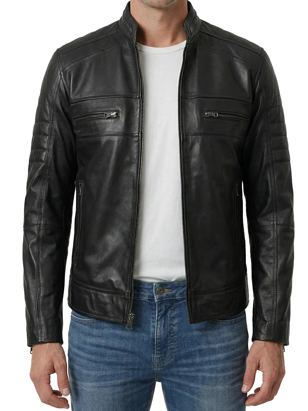 Men's Café Racer Leather Jacket —  Slim Fit, Snap Collar, Black