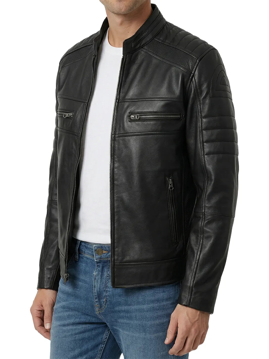 Men's Café Racer Leather Jacket —  Slim Fit, Snap Collar, Black