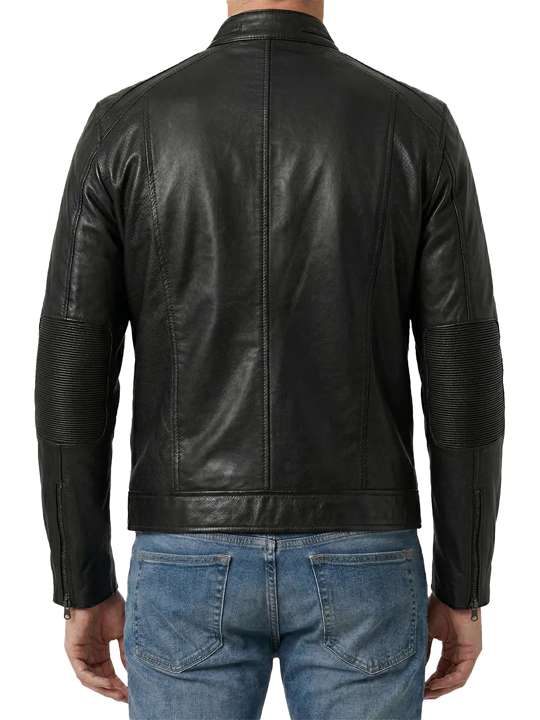 Men's Café Racer Leather Jacket —  Slim Fit, Snap Collar, Black