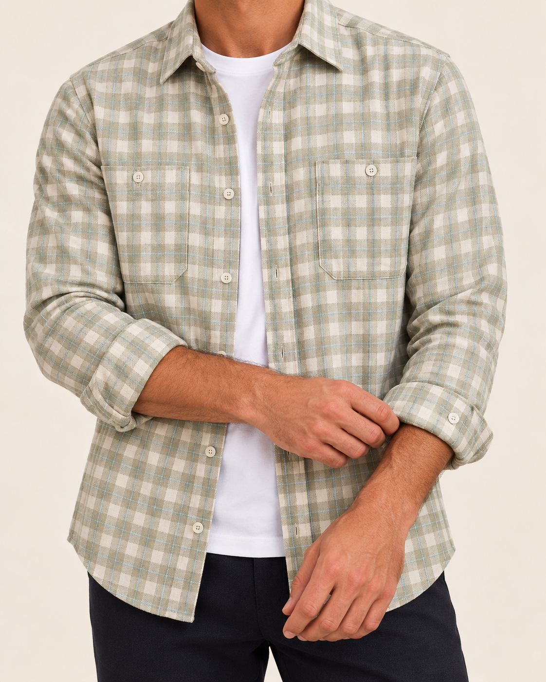 Men's Checked Flannel Shirt With Chest Pockets in Green