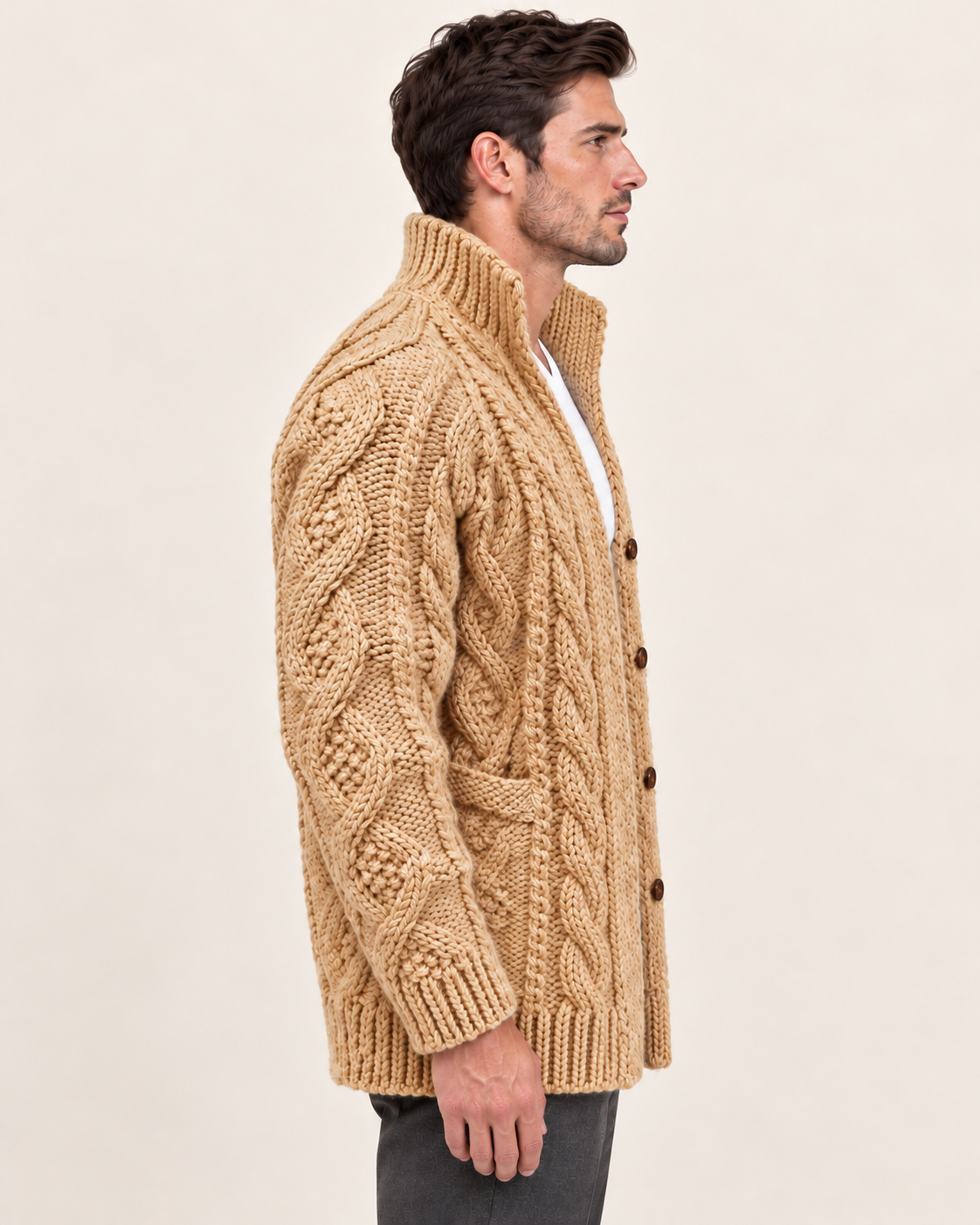 Men's Chunky Cable Knit Cardigan with High Shawl Collar in Khaki, alternate view