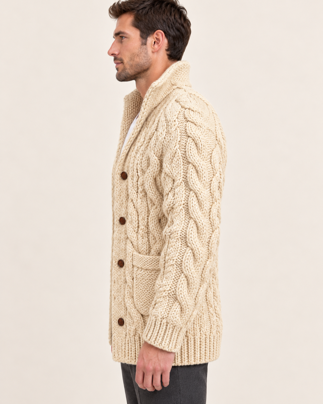 Men's Chunky Cable Knit Cardigan with High Shawl Collar