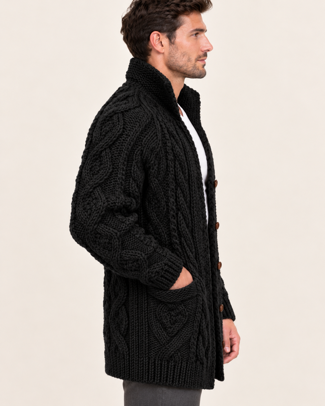 Men's Chunky Cable Knit Cardigan with High Shawl Collar