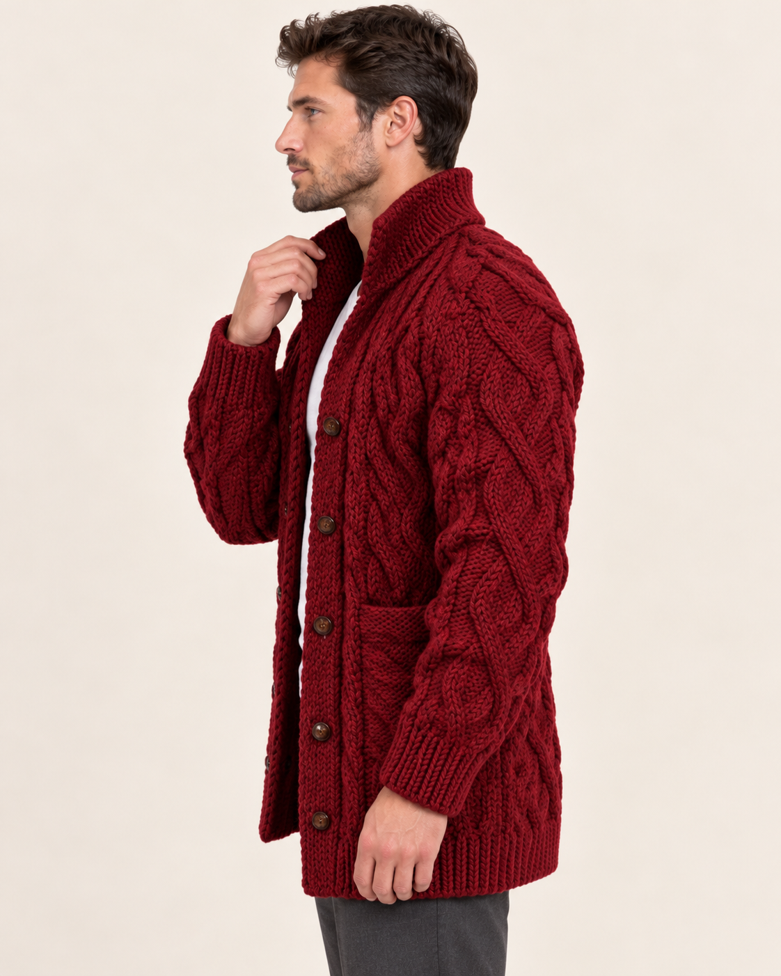 Men's Chunky Cable Knit Cardigan with High Shawl Collar