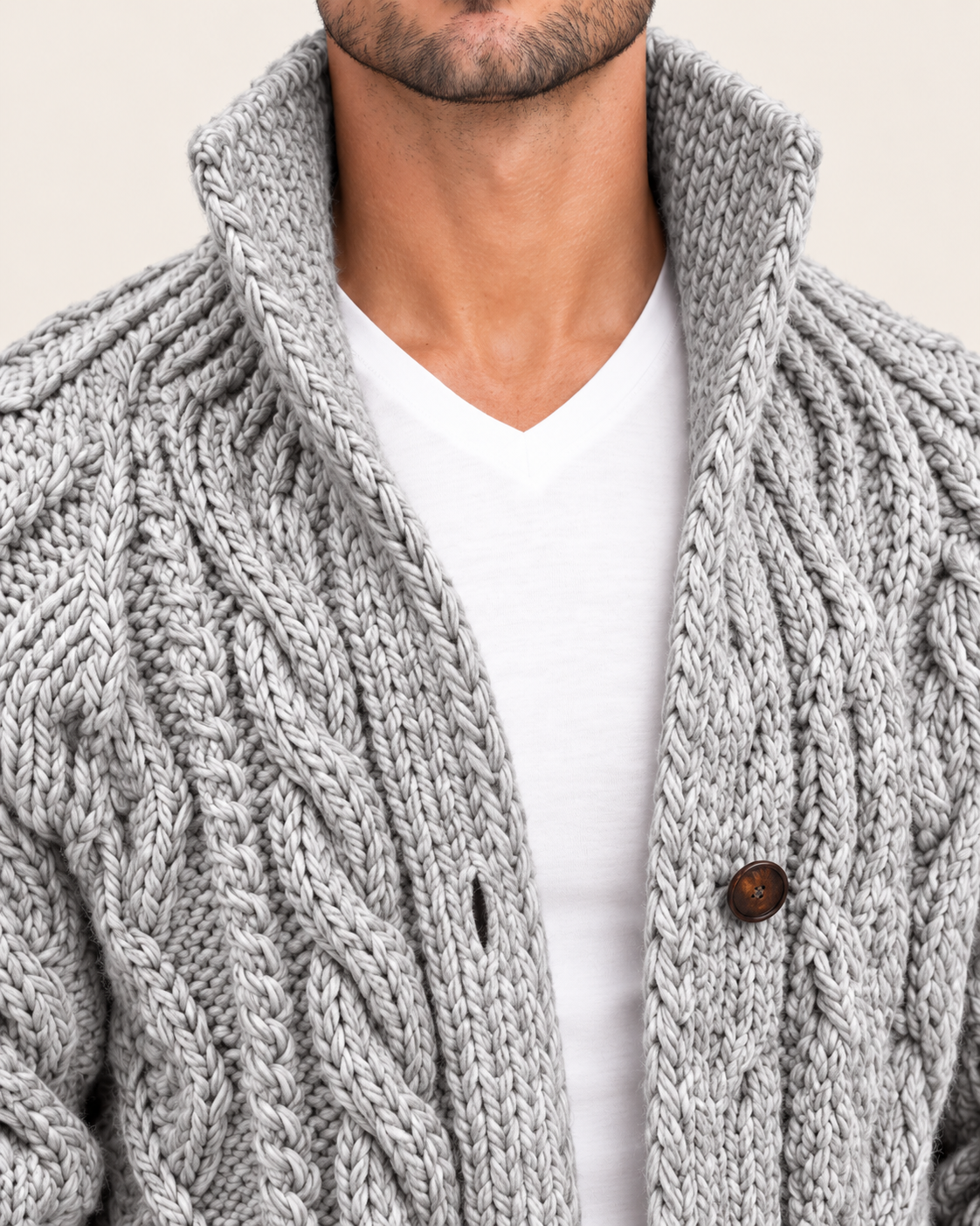 Men's Chunky Cable Knit Cardigan with High Shawl Collar