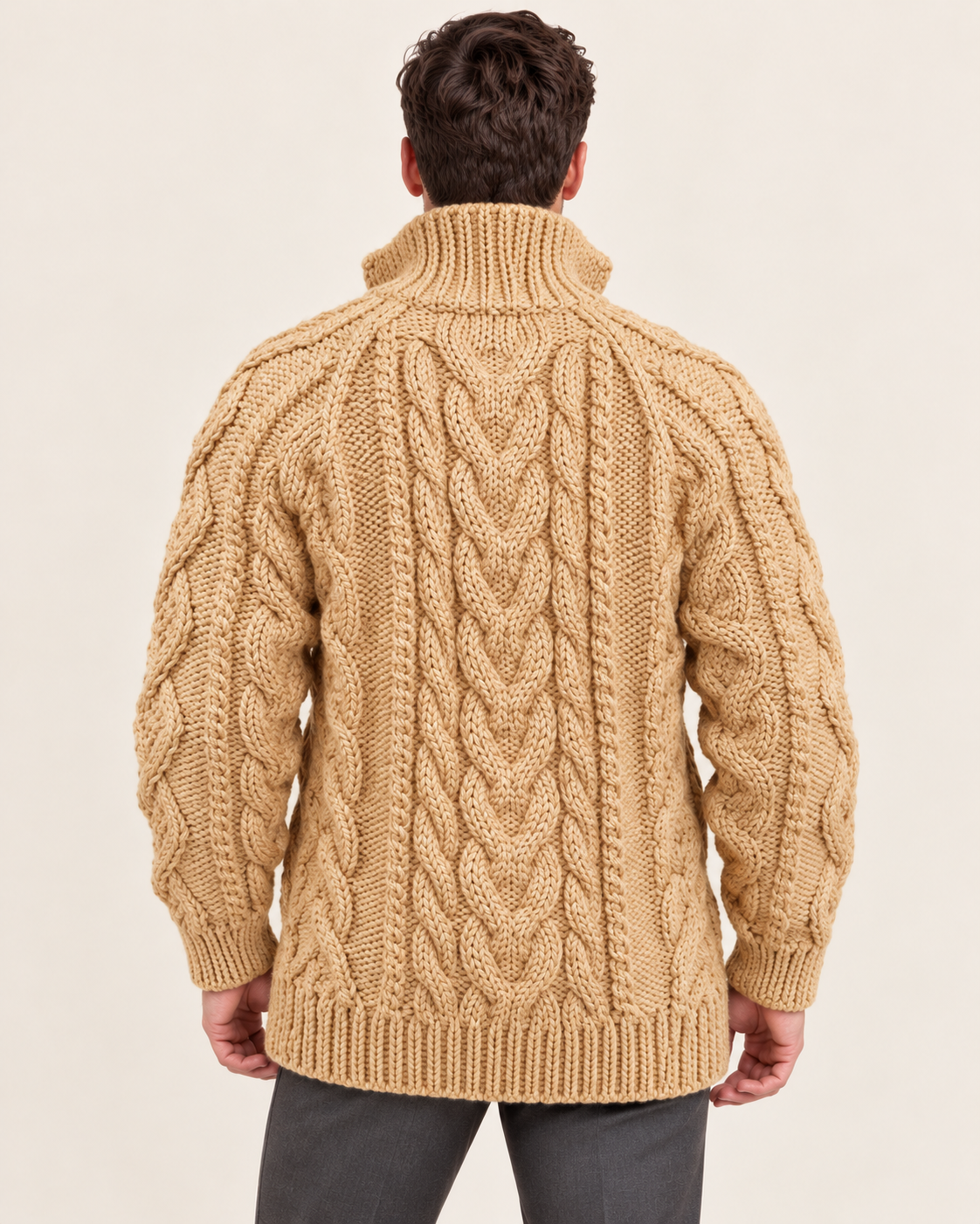 Men's Chunky Cable Knit Cardigan with High Shawl Collar in Khaki, alternate view