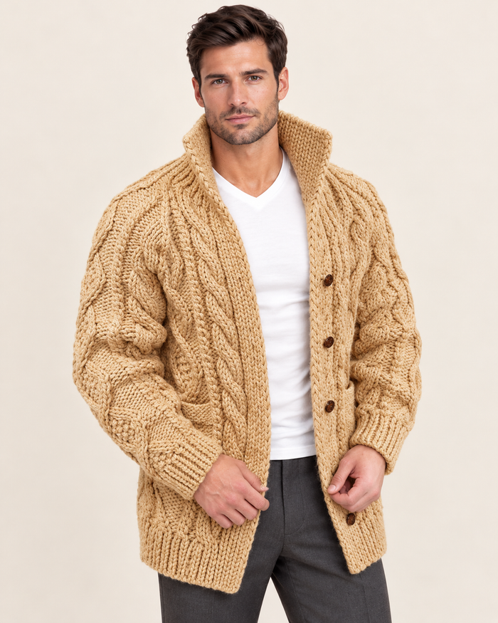 Men's Chunky Cable Knit Cardigan with High Shawl Collar in Khaki