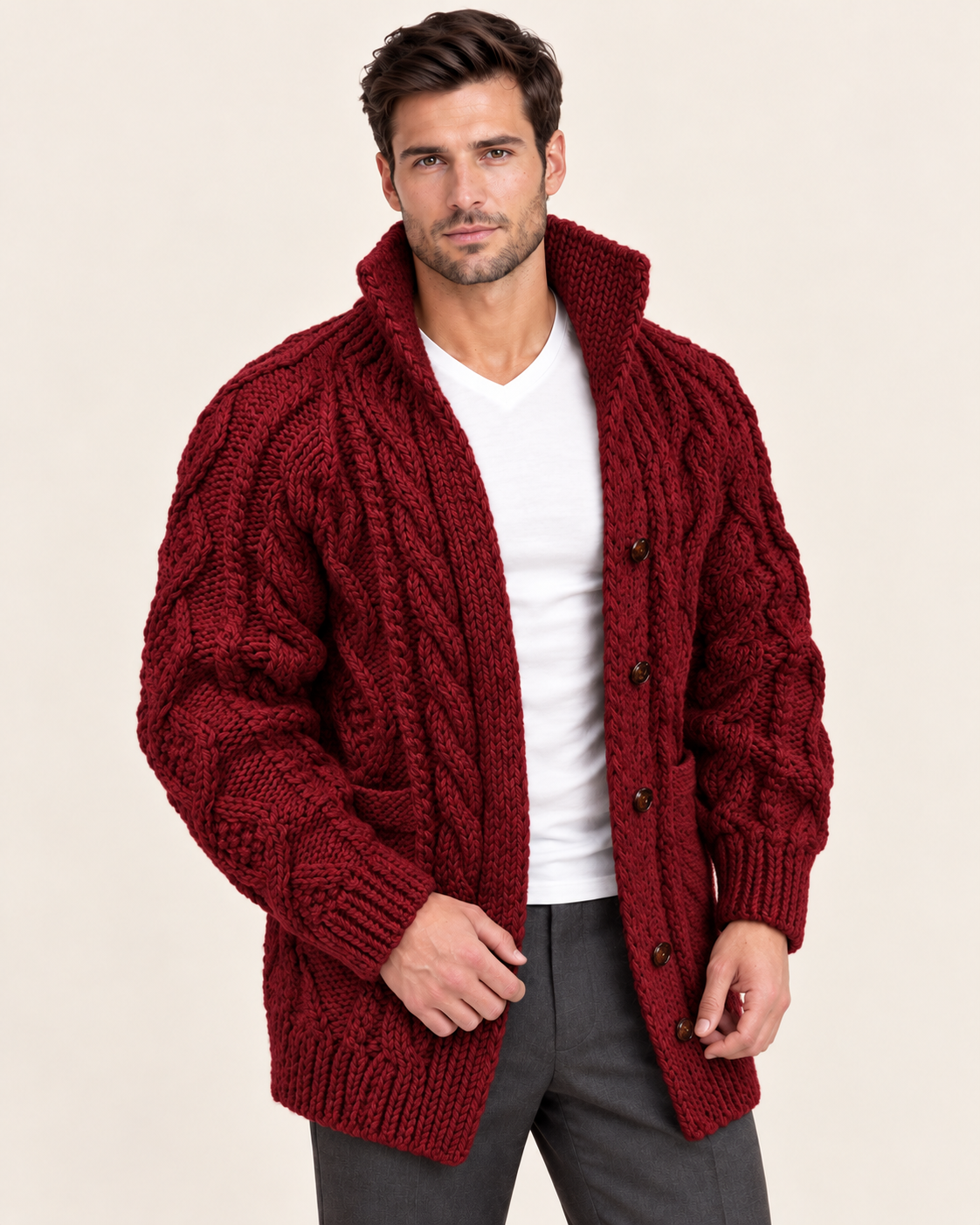 Men's Chunky Cable Knit Cardigan with High Shawl Collar in Burgundy
