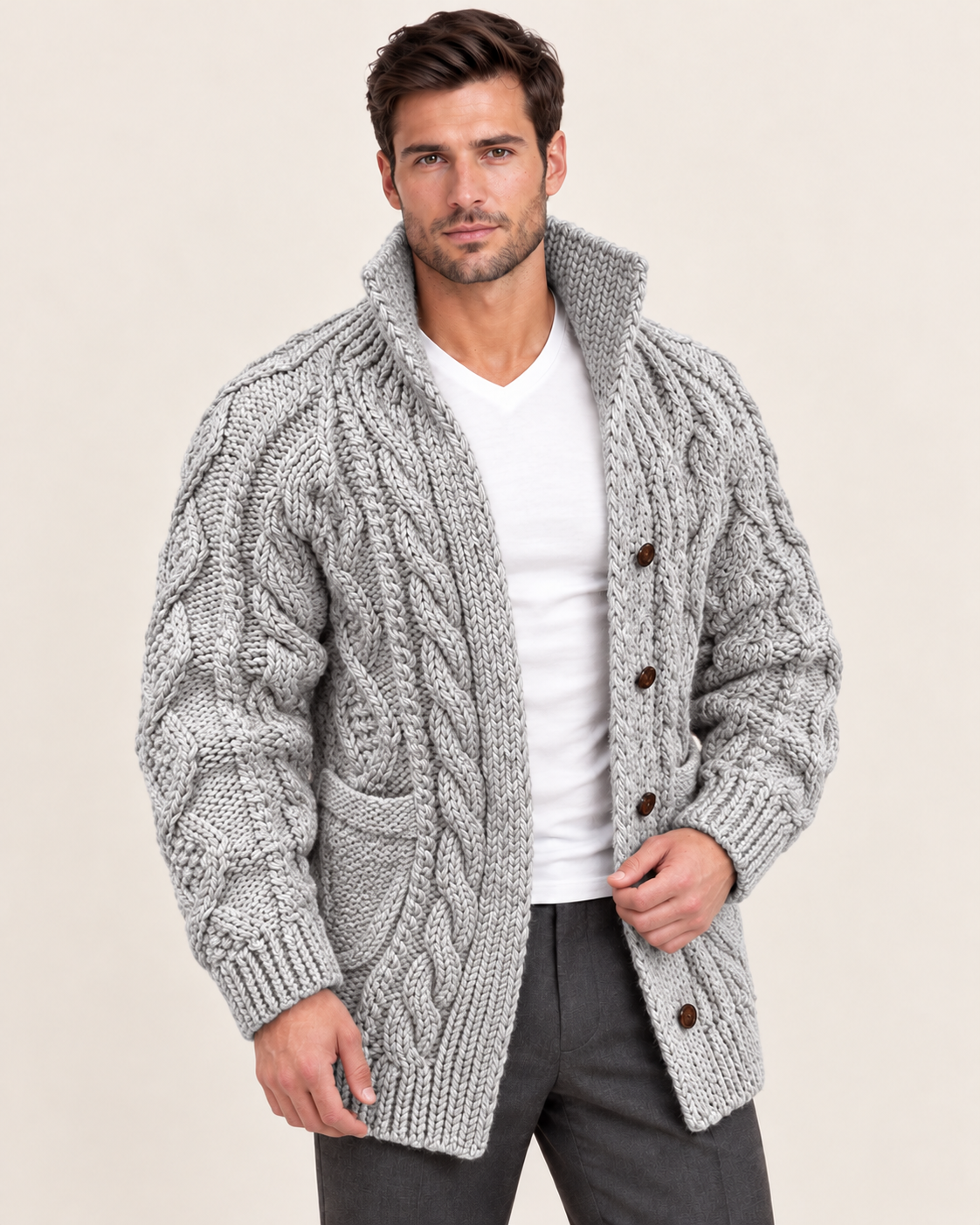 Men's Chunky Cable Knit Cardigan with High Shawl Collar in Grey