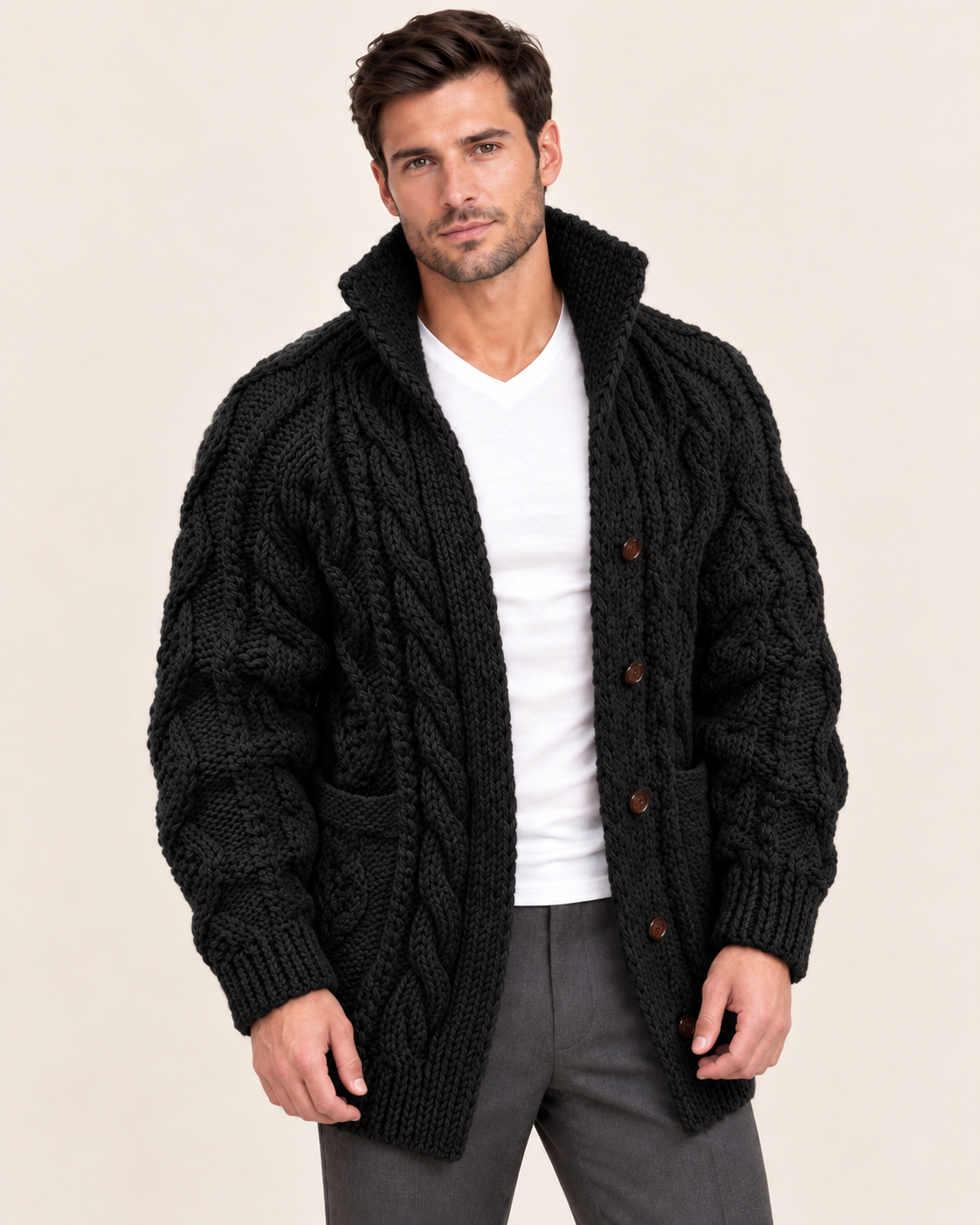 Men's Chunky Cable Knit Cardigan with High Shawl Collar in Black