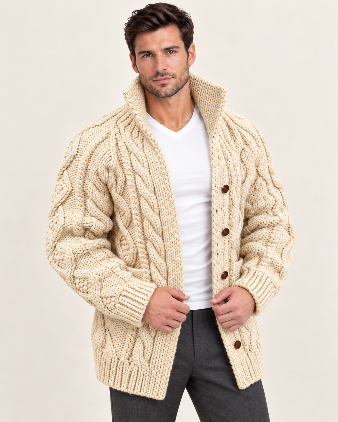Men's Chunky Cable Knit Cardigan with High Shawl Collar in Beige
