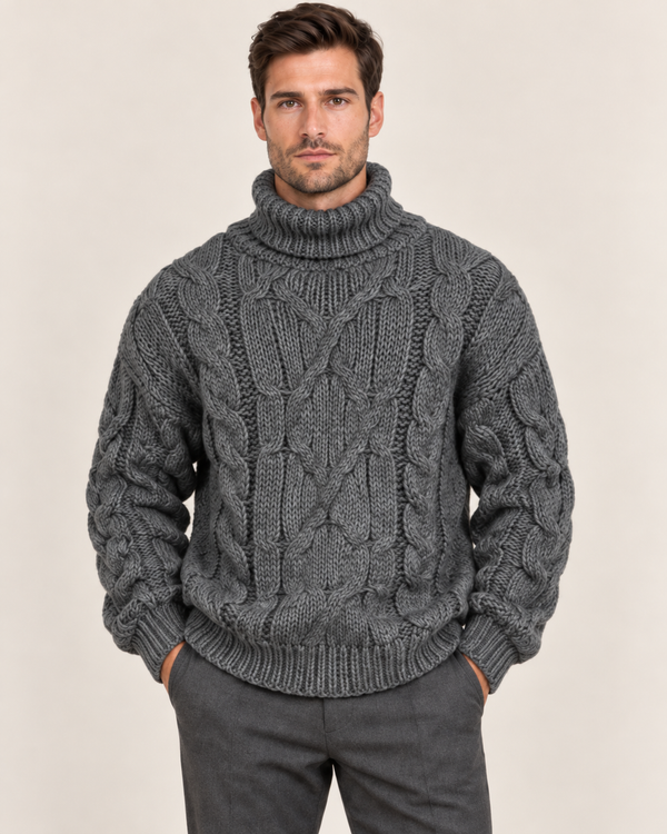 Men's Chunky Cable Knit Polo Neck Jumper in Grey
