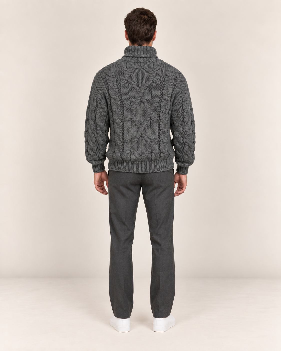 Men's Chunky Cable Knit Polo Neck Jumper in Grey, back view