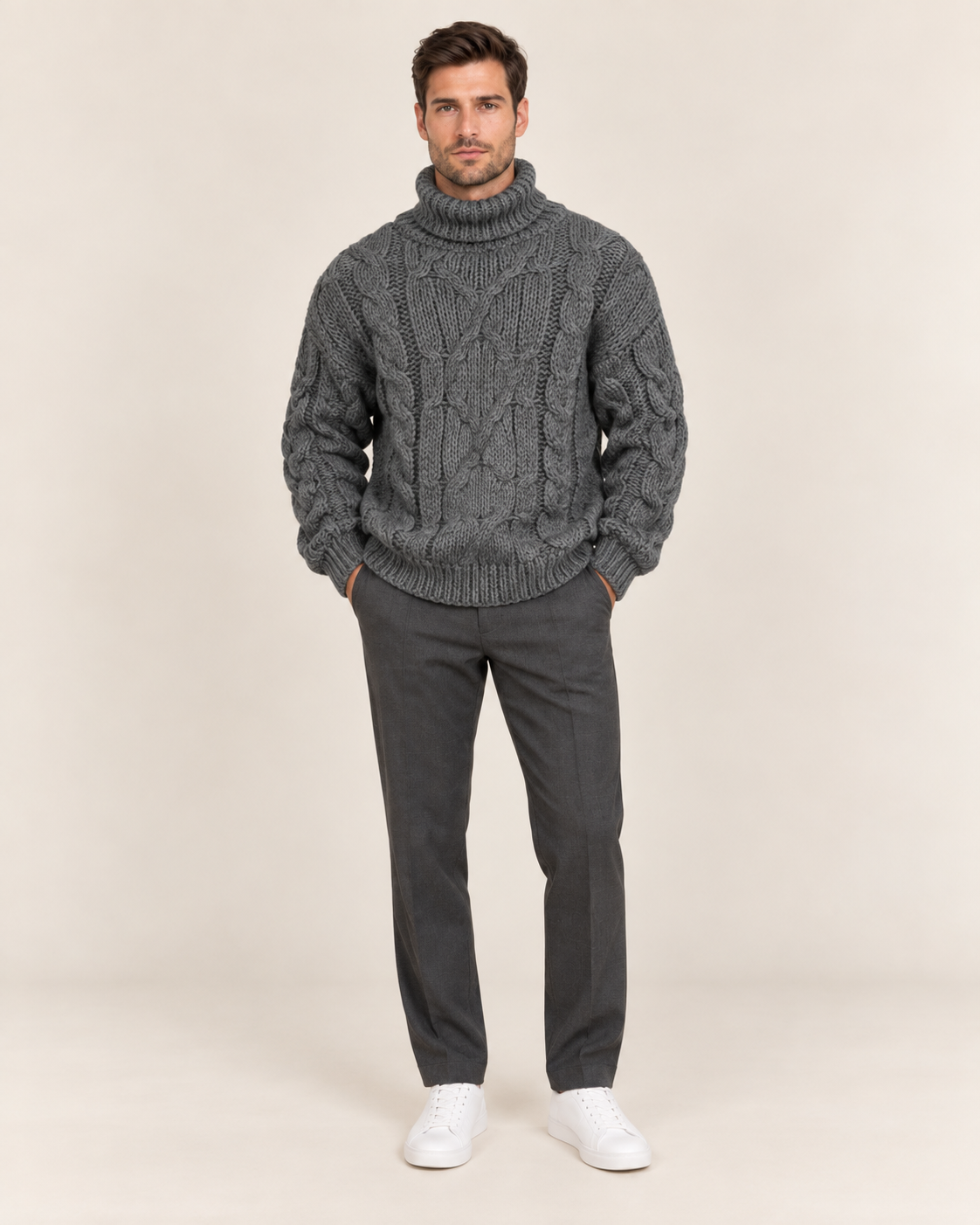 Men's Chunky Cable Knit Polo Neck Jumper in Grey, full length