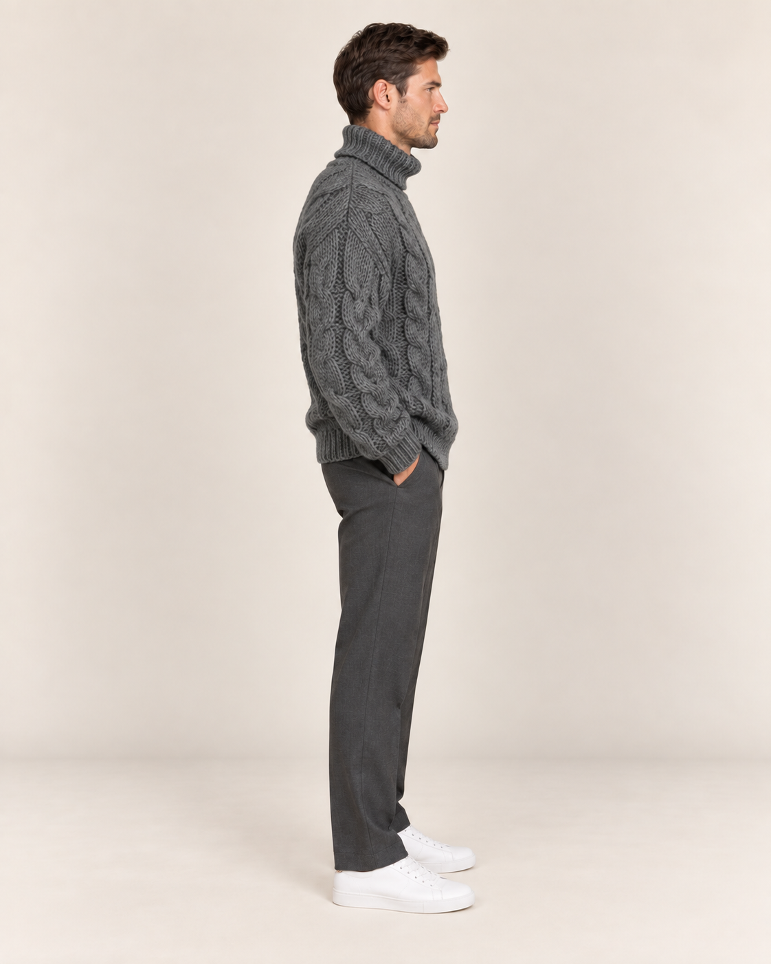 Men's Chunky Cable Knit Polo Neck Jumper in Grey, side view