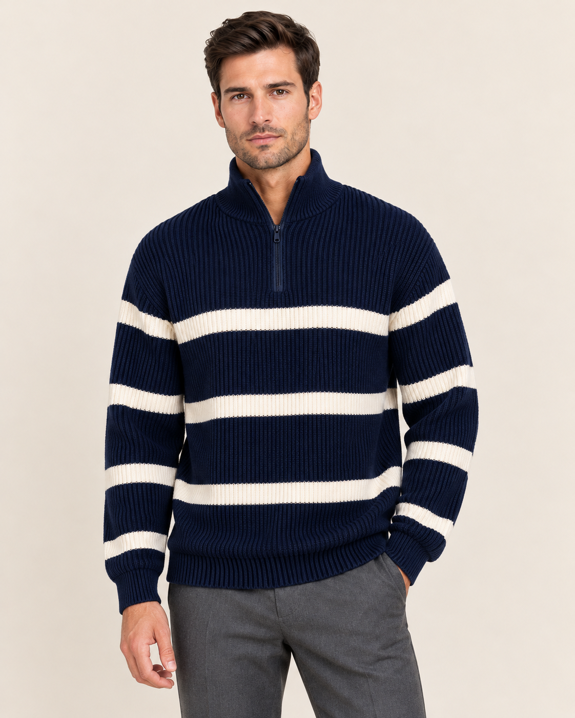 Men's Chunky Striped Half Zip Jumper in Navy