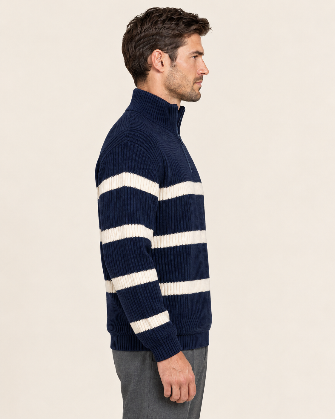 Men's Chunky Striped Half Zip Jumper in Navy, side view