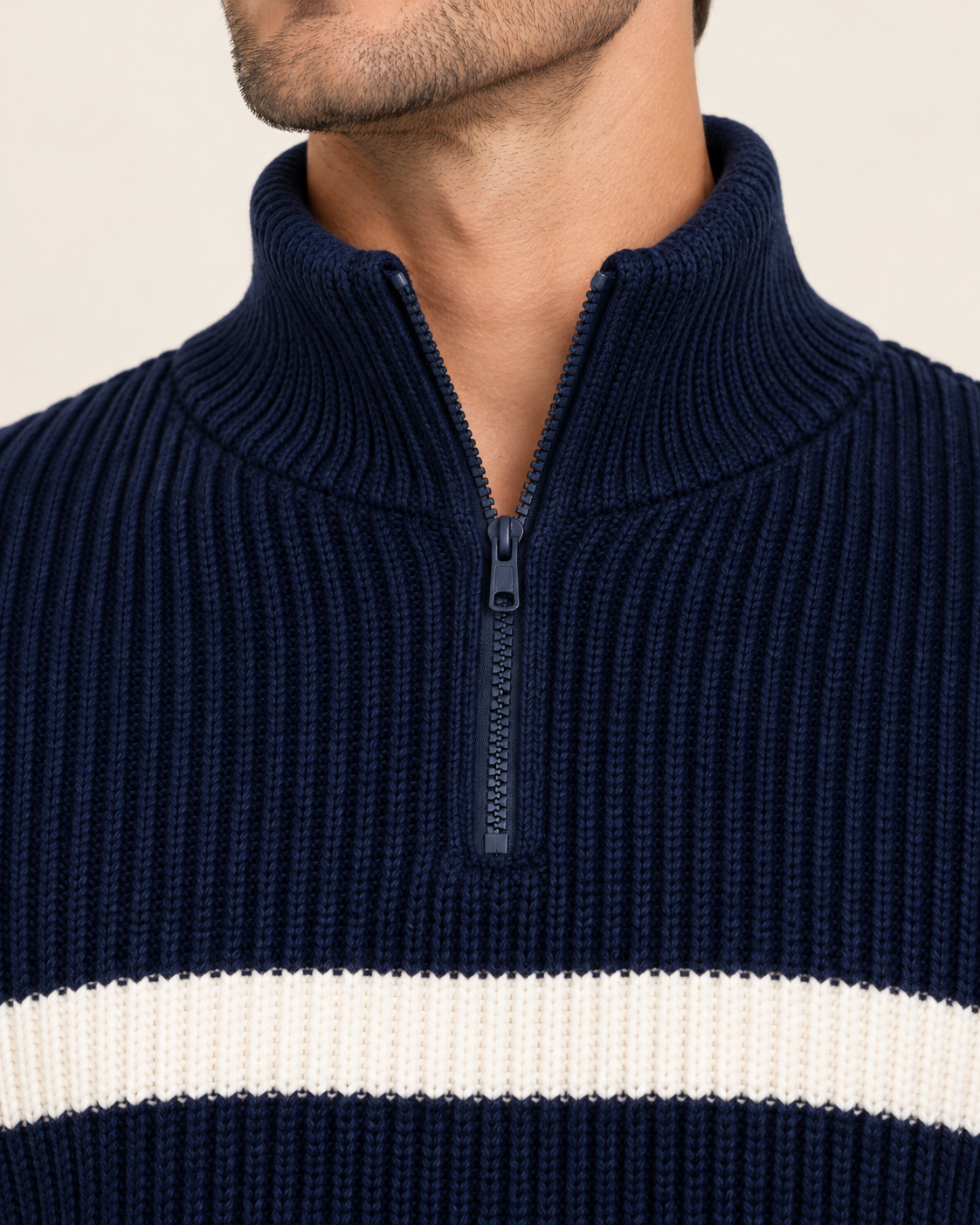 Men's Chunky Striped Half Zip Jumper in Navy, zip collar detail