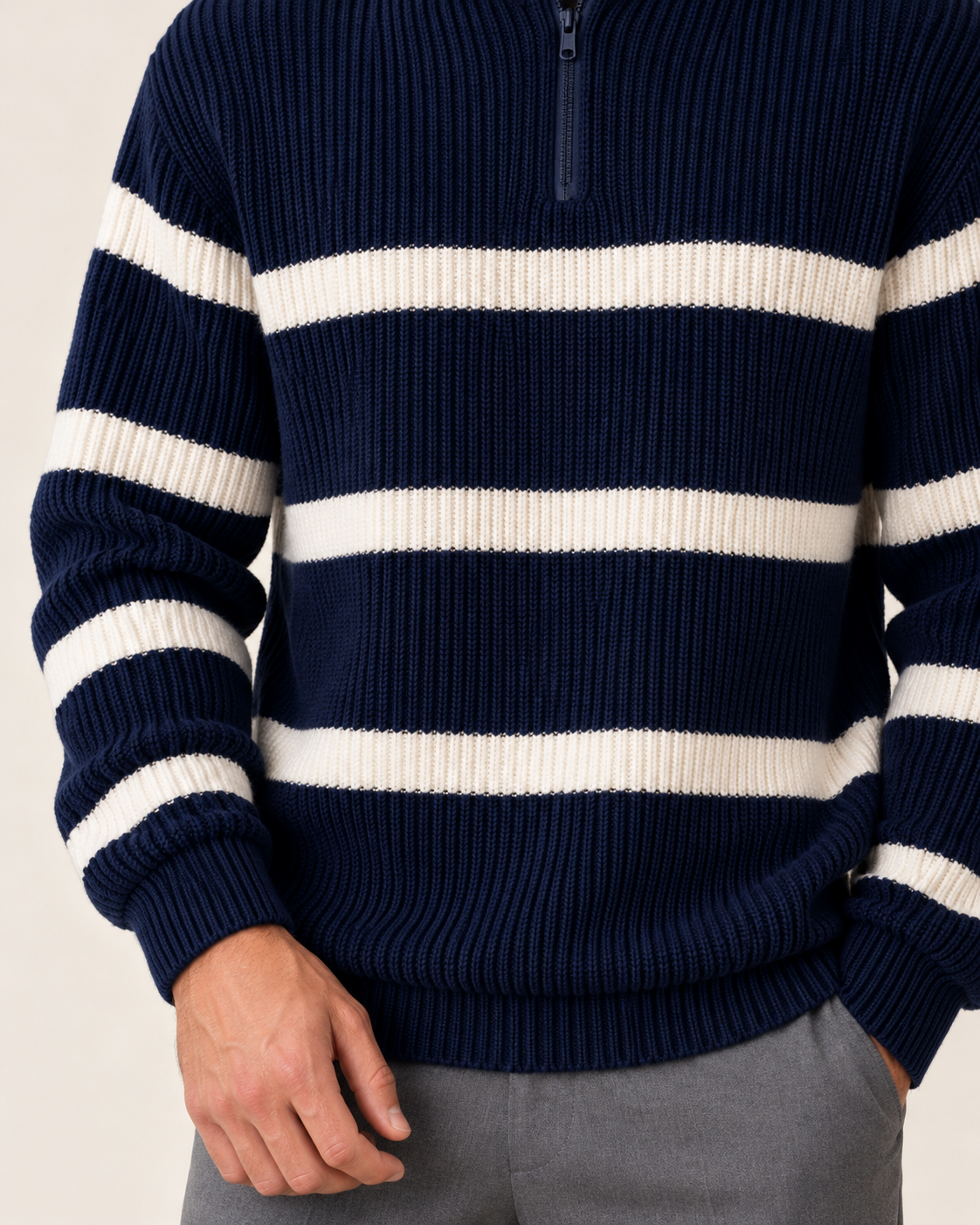 Men's Chunky Striped Half Zip Jumper in Navy, stripe detail