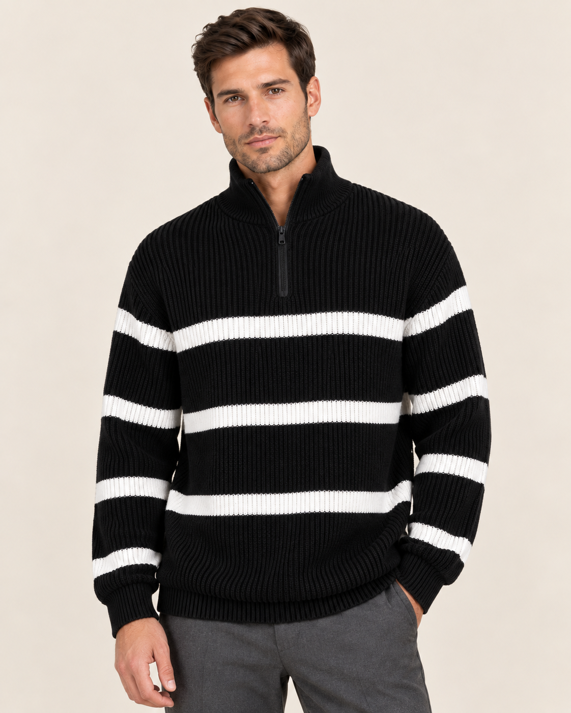 Men's Chunky Striped Half Zip Jumper in Black
