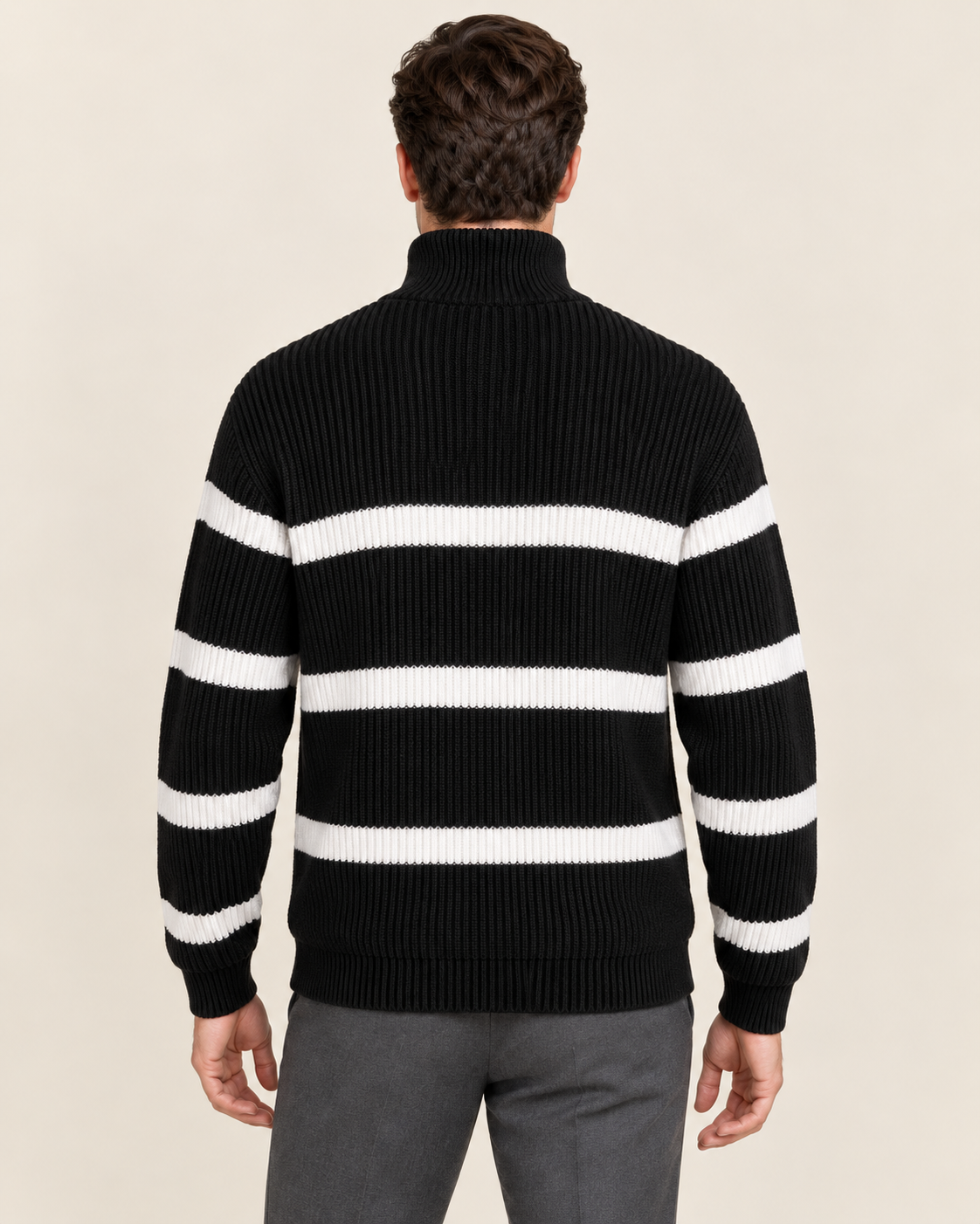 Men's Chunky Striped Half Zip Jumper in Black, back view
