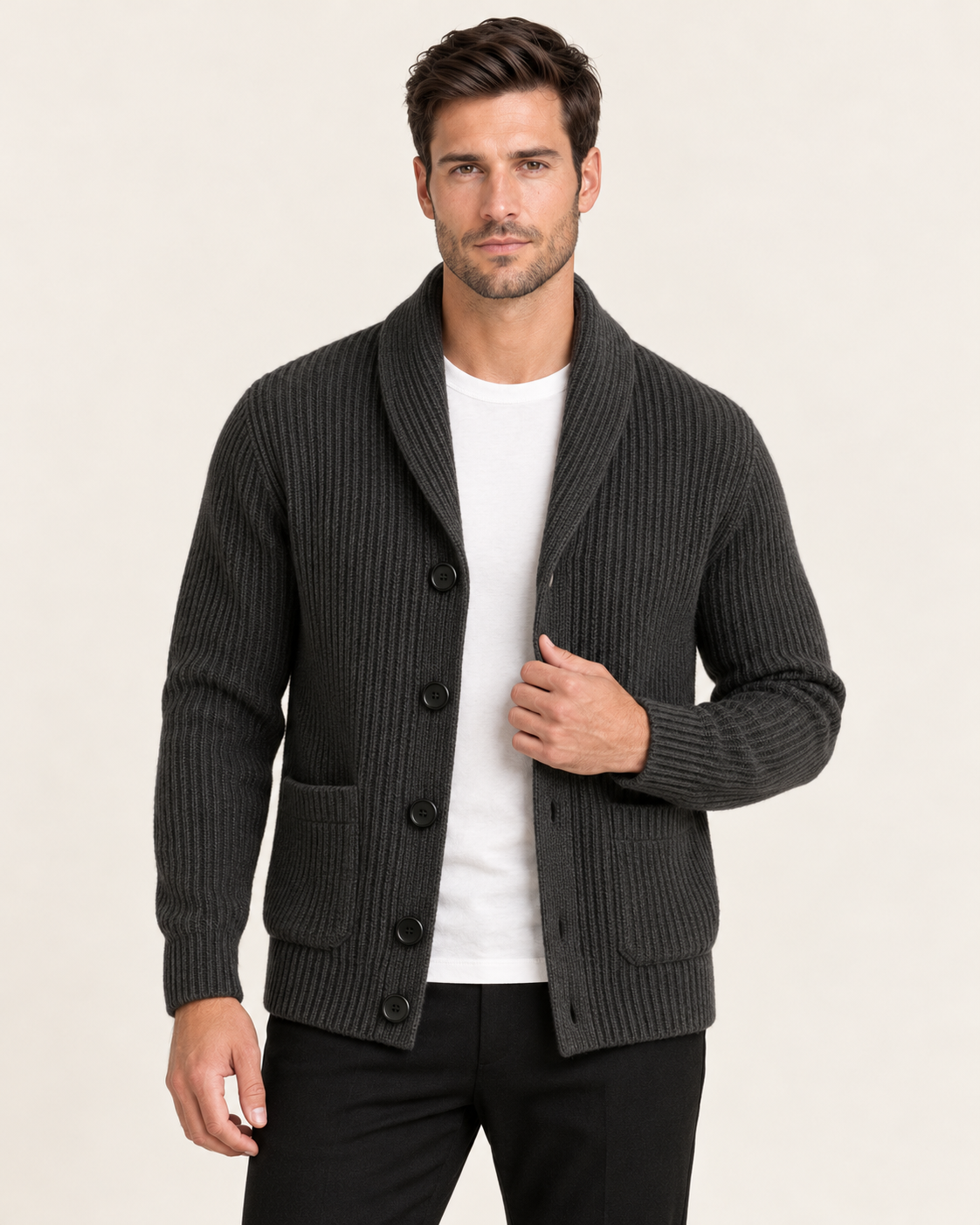 Men's Chunky Rib Shawl Collar Cardigan with Patch Pockets