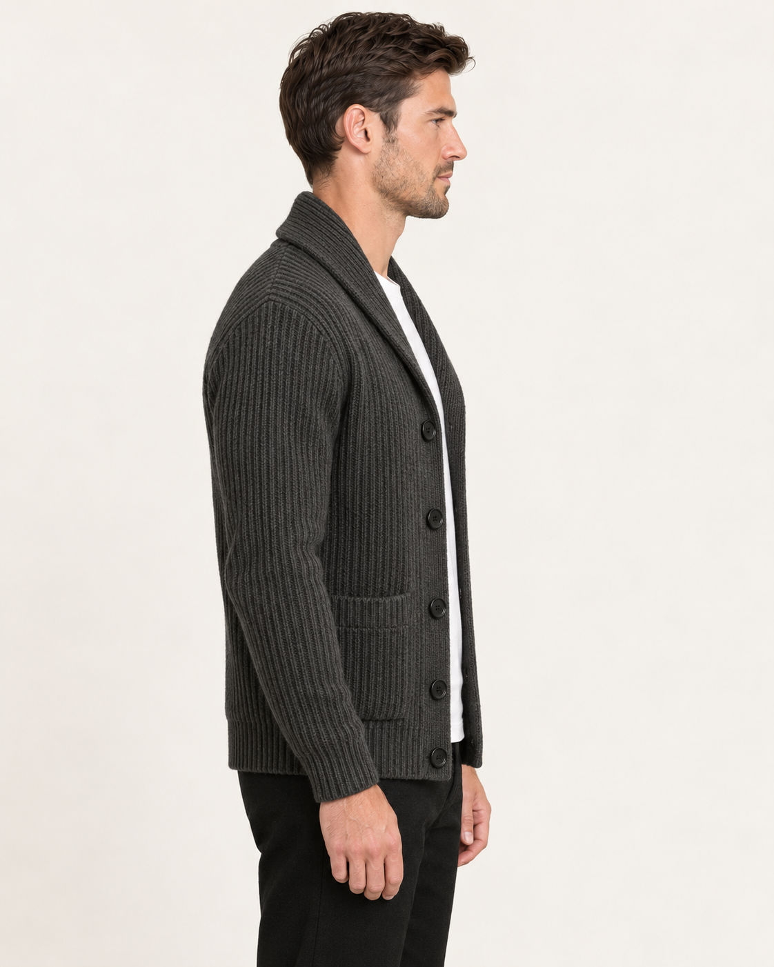 Men's Chunky Rib Shawl Collar Cardigan with Patch Pockets