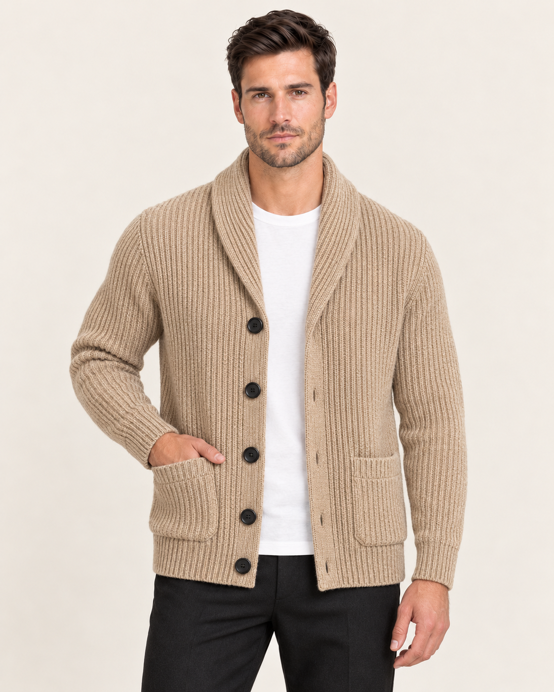 Men's Chunky Rib Shawl Collar Cardigan with Patch Pockets