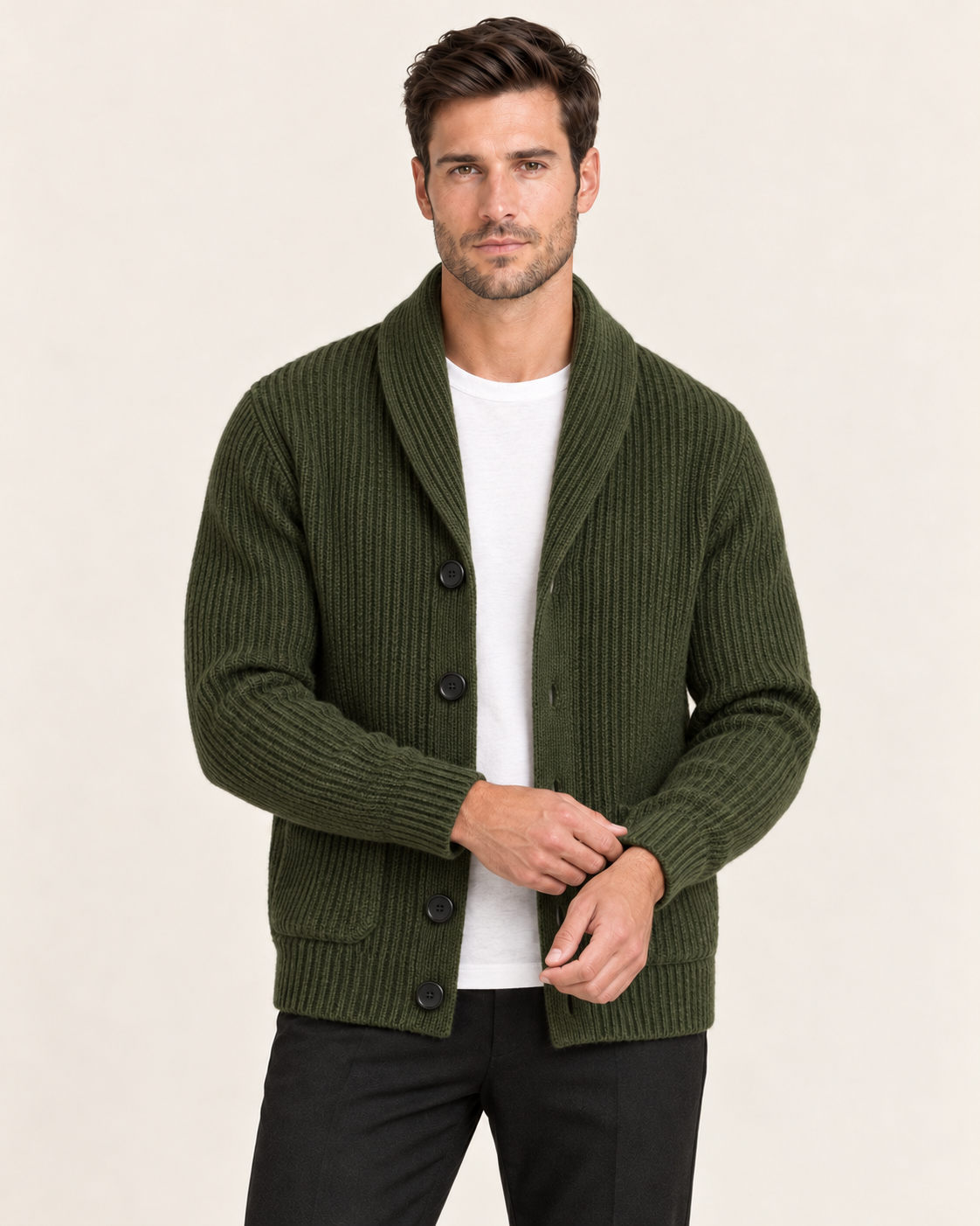 Men's Chunky Rib Shawl Collar Cardigan with Patch Pockets