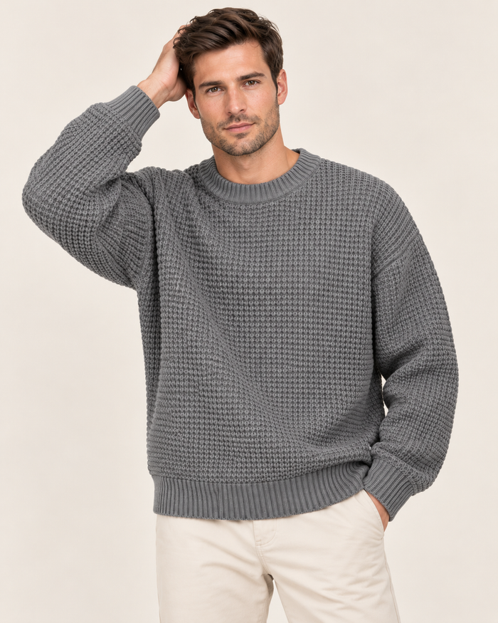 Men's Chunky Waffle Knit Jumper with Crew Neck
