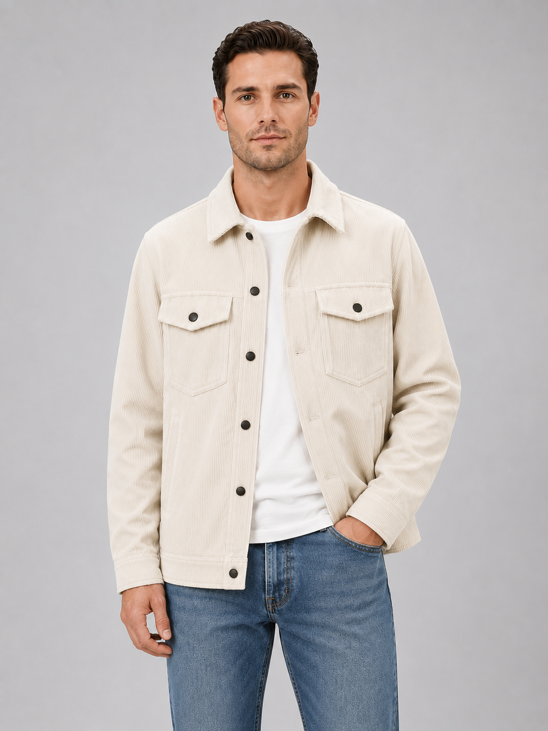 Men's Corduroy Overshirt Jacket Button-Up Long Sleeve Casual Layering