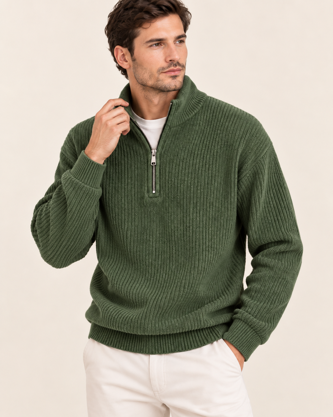 Men's Corduroy Rib Quarter Zip Jumper with Stand Collar in Olive Green