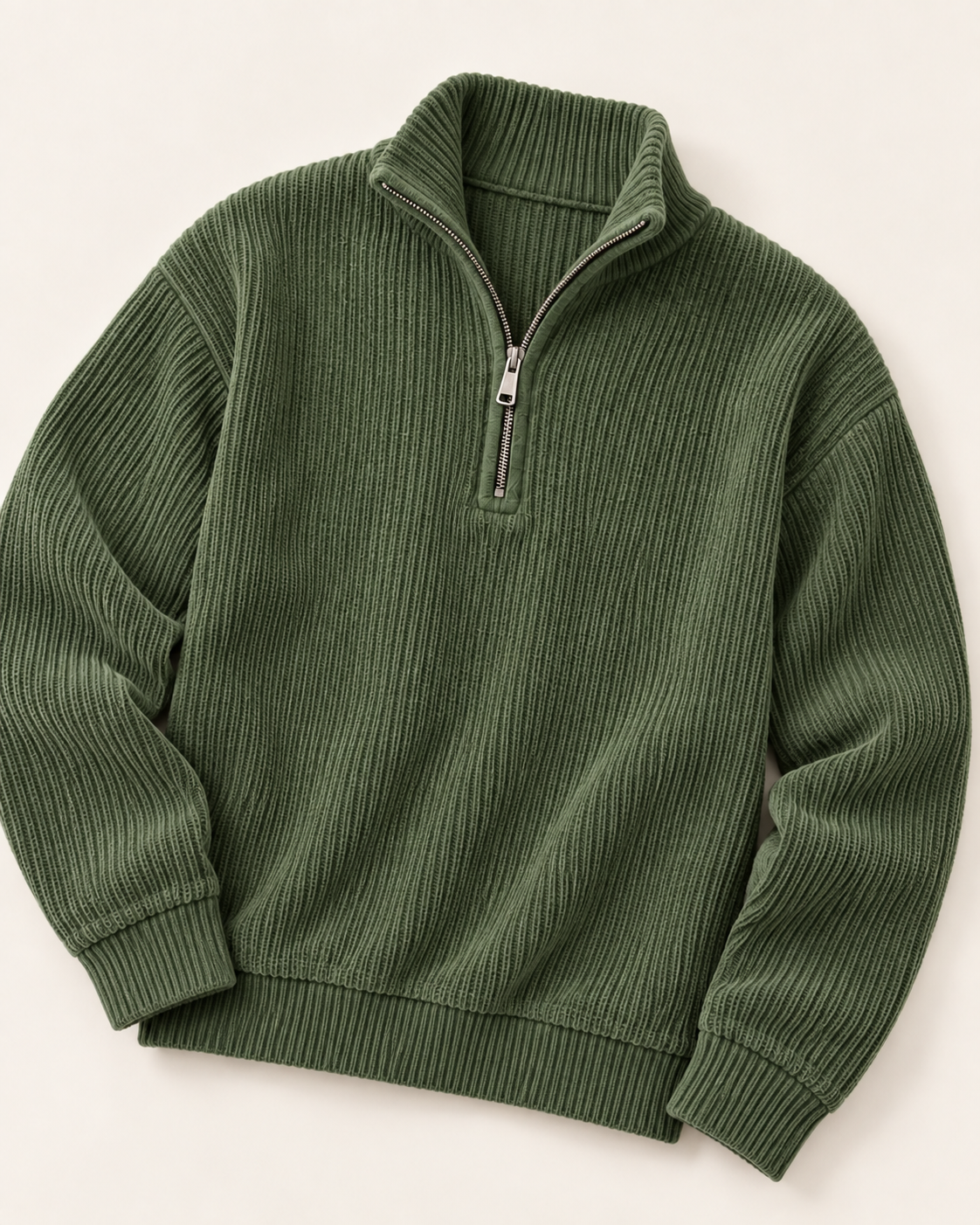 Men's Corduroy Rib Quarter Zip Jumper with Stand Collar in Olive Green, laid flat