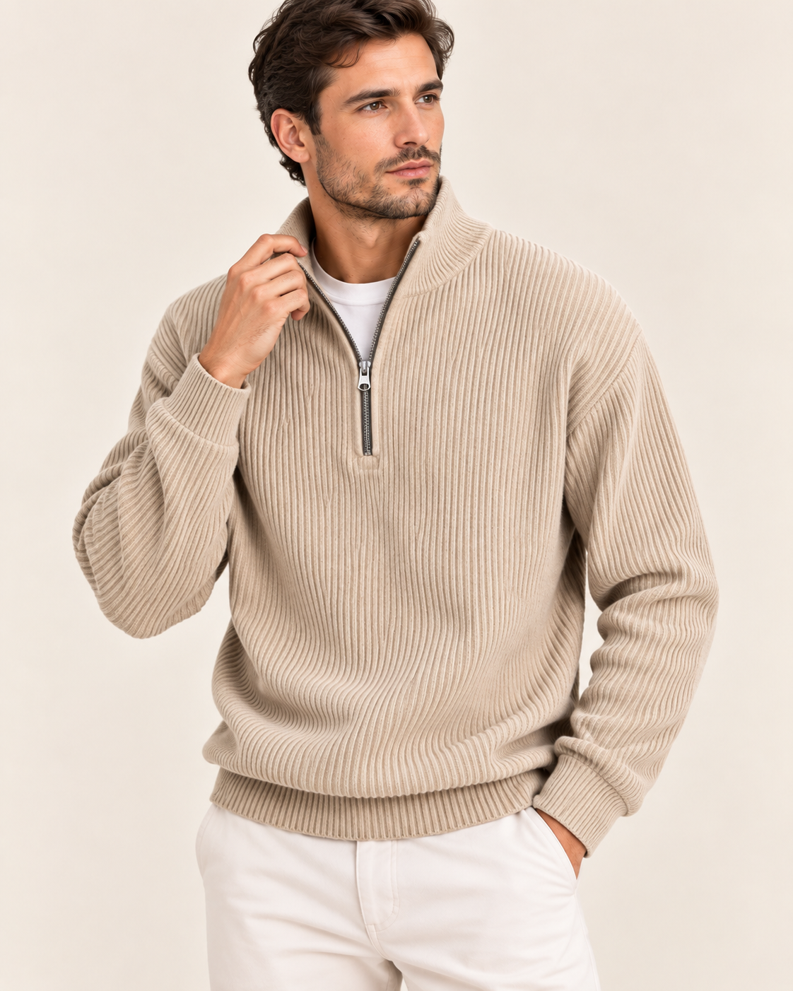 Men's Corduroy Rib Quarter Zip Jumper with Stand Collar in Cream