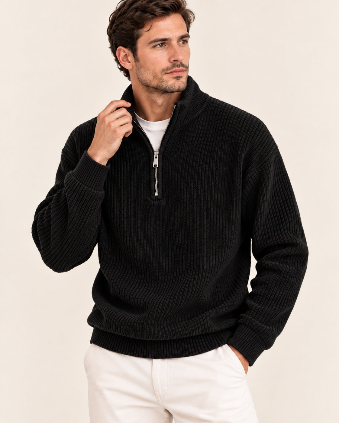 Men's Corduroy Rib Quarter Zip Jumper with Stand Collar in Black