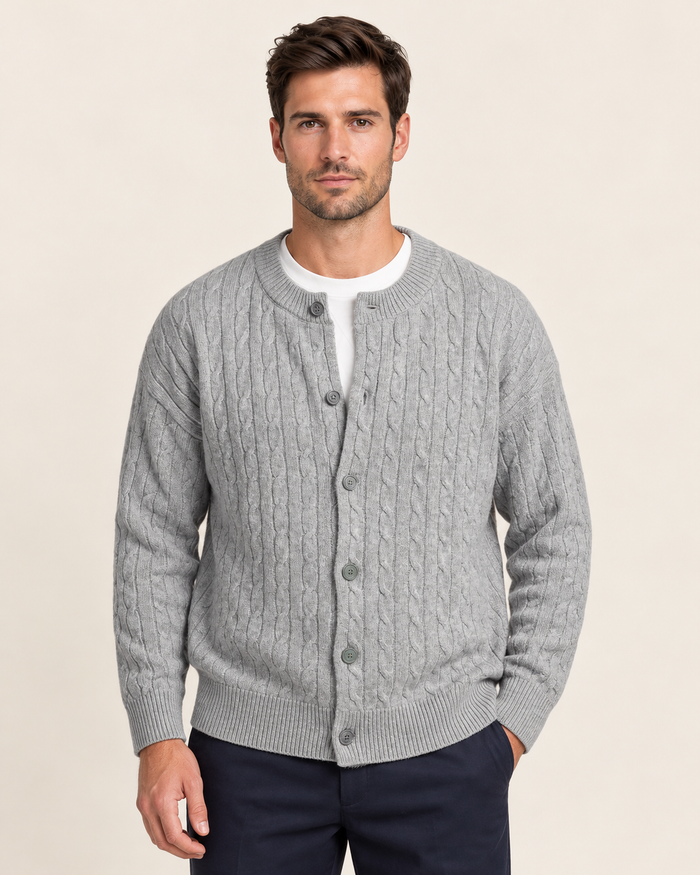 Men's Crew Neck Cable Knit Cardigan with Relaxed Fit