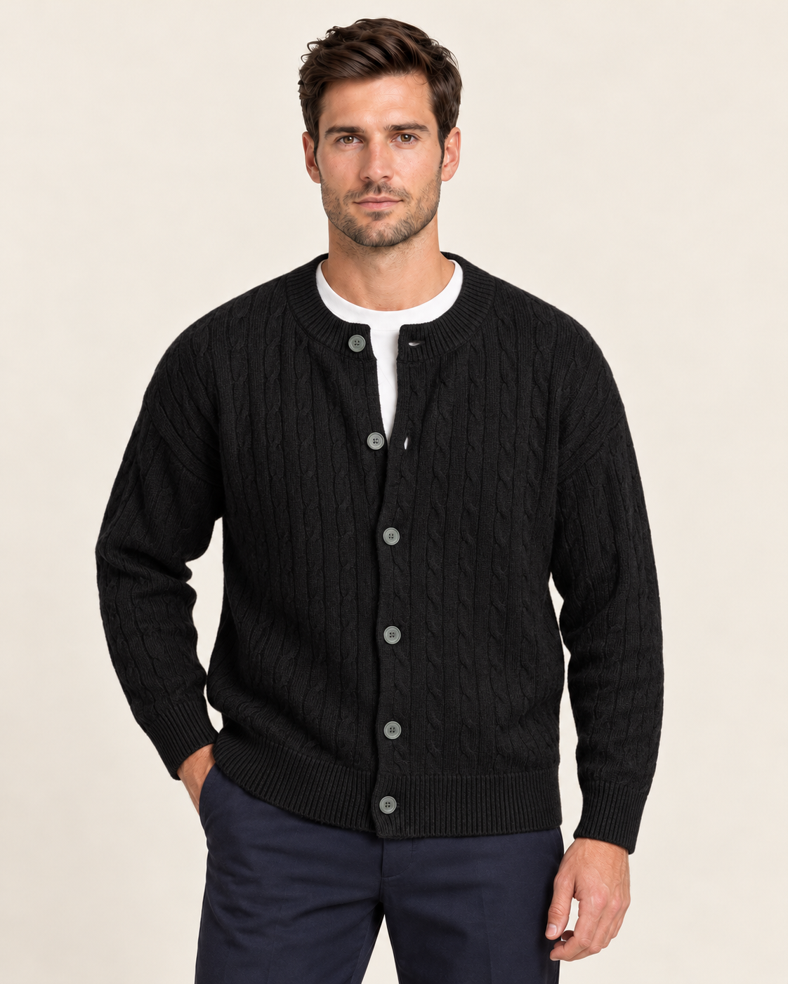Men's Crew Neck Cable Knit Cardigan with Relaxed Fit