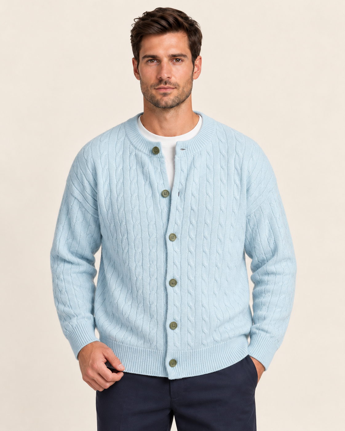 Men's Crew Neck Cable Knit Cardigan with Relaxed Fit
